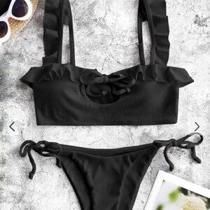 ZAFUL Ribbed Ruffle Keyhole Tie Side Bikini Swimwear - Black M